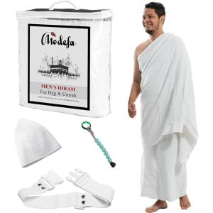 imageModefa Islamic Mens Ihram Towel Set for Hajj Umrah  2 Piece Set  110 x 220 100 Cotton  Combo with Belt Kufi and Tawaf Beads