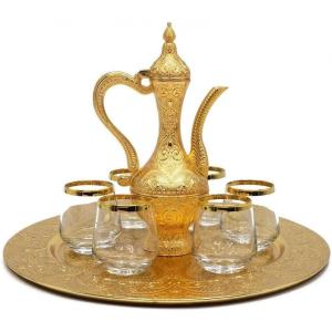 imageModefa Kitchen ampamp Dining Serving Set  Luxury Turkish 8 Piece Zamzam Water Cup Set  Round Ottoman Style Tray with Pitcher Gold GlassGold
