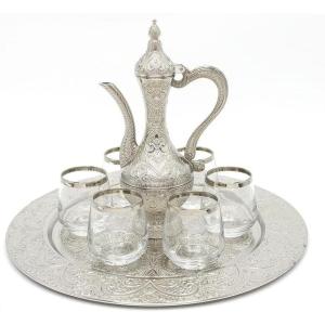 imageModefa Kitchen ampamp Dining Serving Set  Luxury Turkish 8 Piece Zamzam Water Cup Set  Round Ottoman Style Tray with Pitcher Gold GlassSilver