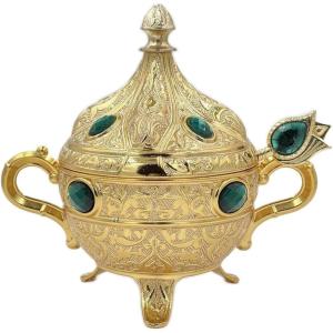 imageModefa Kitchen ampamp Dining Turkish Tea Sugar Bowl  Turkish Style Engraved  Round with Colored Oval Stones GoldBlueGoldGreen