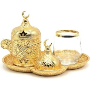 imageModefa Turkish Luxury 4 Piece Coffee ampamp Zamzam Water Cup Set  Premium Porcelain  Ottoman Style Tray GoldGold