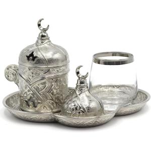 imageModefa Turkish Luxury 4 Piece Coffee ampamp Zamzam Water Cup Set  Premium Porcelain  Ottoman Style Tray GoldSilver