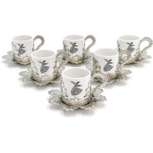 imageModefa Turkish Luxury 6 Piece Coffee Cup Set  Premium Porcelain  Ottoman Style with Dervish ampamp Tughra Artwork Silver  DervishSilver  Dervish