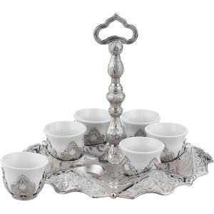 imageModefa Turkish Luxury 7 Piece Coffee Cup Drink Set Tray Servewhere With Handle Ottoman Style Engraved Silver