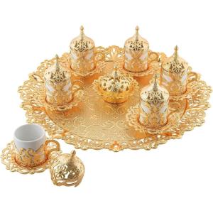 imageModefa Turkish Luxury 8 Piece Coffee Cup Drink Set Tray Serveware Ottoman Style with Floral Design 363 GoldGold