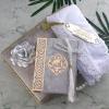 imageModefa Islamic Luxury Pearl Islamic Gift Set  Holy Quran in Arabic  Velvet Box with Quran Hijab Tesbih ampamp Bookmark Dusty PinkGrey