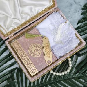 imageModefa Islamic Luxury Pearl Islamic Gift Set  Holy Quran in Arabic  Velvet Box with Quran Hijab Tesbih ampamp Bookmark Dusty PinkDusty Pink
