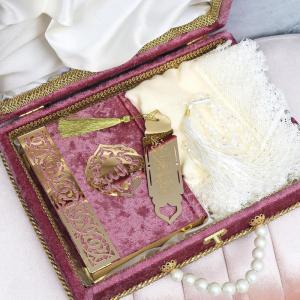 imageModefa Islamic Luxury Pearl Islamic Gift Set  Holy Quran in Arabic  Velvet Box with Quran Hijab Tesbih ampamp Bookmark Dusty PinkLight Raspberry