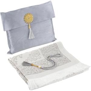 imageModefa Islamic Prayer Mat Gift Set  Thin Travel Janamaz Sajadah in Taffeta Gift Bag with Tasbih Prayer Beads  Chenille Turkish Praying Carpet  Ramadan ampamp Eid Gift Set BlackGrey