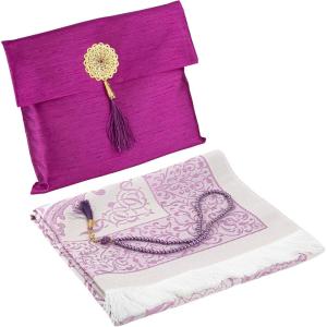 imageModefa Islamic Prayer Mat Gift Set  Thin Travel Janamaz Sajadah in Taffeta Gift Bag with Tasbih Prayer Beads  Chenille Turkish Praying Carpet  Ramadan ampamp Eid Gift Set BlackFuchsia