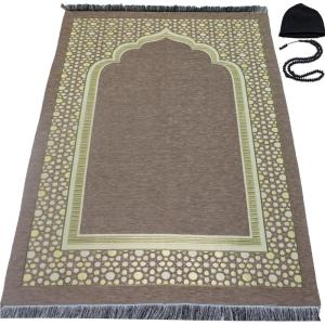 imageModefa Turkish Islamic Prayer Mat  Thin Woven Chenille Sajjadah  Intricate Praying Rug Ramadan Eid Gift  Traditional Muslim Janamaz Sajada for Men Women  Geometric Selcuk Star Light GreenBeige