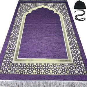 imageModefa Turkish Islamic Prayer Mat  Thin Woven Chenille Sajjadah  Intricate Praying Rug Ramadan Eid Gift  Traditional Muslim Janamaz Sajada for Men Women  Geometric Selcuk Star Light GreenPurple