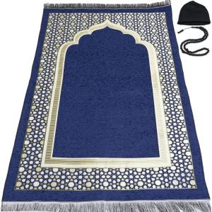 imageModefa Turkish Islamic Prayer Mat  Thin Woven Chenille Sajjadah  Intricate Praying Rug Ramadan Eid Gift  Traditional Muslim Janamaz Sajada for Men Women  Geometric Selcuk Star Light GreenRoyal Blue
