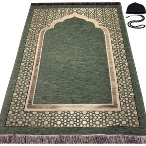imageModefa Turkish Islamic Prayer Mat  Thin Woven Chenille Sajjadah  Intricate Praying Rug Ramadan Eid Gift  Traditional Muslim Janamaz Sajada for Men Women  Geometric Selcuk Star Light GreenLight Green