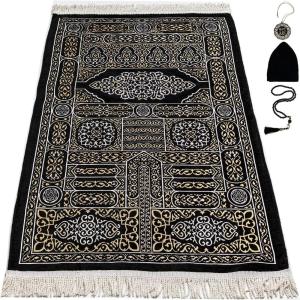 imageModefa Turkish Islamic Prayer Mat Muslim Prayer Rug Islam Men Women Chenille with Praying Cap Beads  Full Kaba Door Swirl Intricate Design BlackBlack