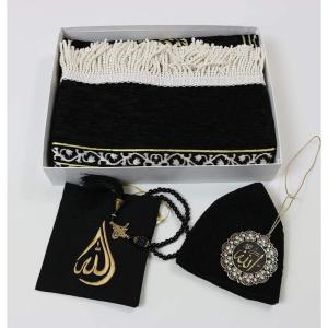 imageModefa Turkish Islamic Prayer Rug  Chenille Muslim Prayer Mat Islam Sajada  Muslim Prayer Rug Janamaz  Ramadan or Eid Gift with Car Hanger  Luxury Woven Meccan Black KBGift Box Set