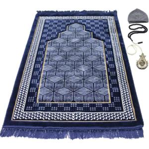 imageModefa Turkish Islamic Velvet Prayer Rug  Thick Wide Soft Praying Carpet for Men ampamp Women  Double Plush Large  Eid ampamp Ramadan Gift with Kufi Beads ampamp Car Hanger  Geometric Noor Dark BlueDark Blue
