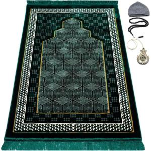 imageModefa Turkish Islamic Velvet Prayer Rug  Thick Wide Soft Praying Carpet for Men ampamp Women  Double Plush Large  Eid ampamp Ramadan Gift with Kufi Beads ampamp Car Hanger  Geometric Noor Dark BlueGreen