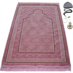 imageModefa Turkish Islamic Velvet Prayer Rug  Thick Wide Soft Praying Carpet for Men ampamp Women  Double Plush Large  Eid ampamp Ramadan Gift with Kufi Beads ampamp Car Hanger  Geometric Noor Dark BluePink