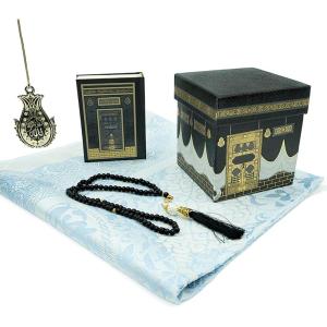 imageModefa Turkish Prayer Mat  Thin Woven Chenille Praying Rug for Men and Women  Ramadan or Eid Gift Set for Muslim with Quran Tesbih Prayer Beads  Ottoman Gift Box Set BlueLight Blue