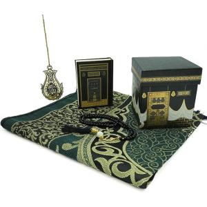 imageModefa Turkish Prayer Mat  Thin Woven Chenille Praying Rug for Men and Women  Ramadan or Eid Gift Set for Muslim with Quran Tesbih Prayer Beads  Ottoman Gift Box Set BlueGreen