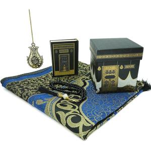 imageModefa Turkish Prayer Mat  Thin Woven Chenille Praying Rug for Men and Women  Ramadan or Eid Gift Set for Muslim with Quran Tesbih Prayer Beads  Ottoman Gift Box Set BlueBlue