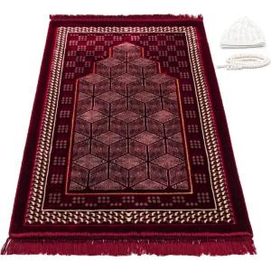 imageModefa Turkish Islamic Prayer Rug  Comfortable Muslim Praying Mat for Men ampamp Women  Soft Velvet Janamaz Praying Carpet  Ramadan or Eid Gift  with Kufi ampamp Beads  Lux Plush Geometric Mihrab RedRed