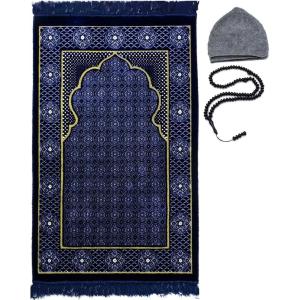 imageModefa Turkish Islamic Prayer Rug  Muslim Janamaz Sajada  Plush Velvet Praying Mat Carpet for Men and Women  Ramadan or Eid Gift  with Kufi Cap ampamp Beads  Floral Stamp Ipek  Blue 2Blue 2