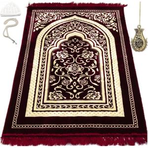 imageModefa Turkish Islamic Velvet Prayer Rug  Thick ampamp Wide Soft Praying Carpet for Men ampamp Women  Large Prayer Mat  Eid ampamp Ramadan Gift  with Kufi Cap Beads ampamp Car Hanger  Double Plush Floral RedFloral Arch  Red