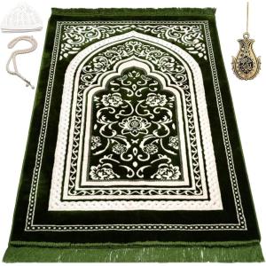 imageModefa Turkish Islamic Velvet Prayer Rug  Thick ampamp Wide Soft Praying Carpet for Men ampamp Women  Large Prayer Mat  Eid ampamp Ramadan Gift  with Kufi Cap Beads ampamp Car Hanger  Double Plush Floral RedFloral Arch  Green
