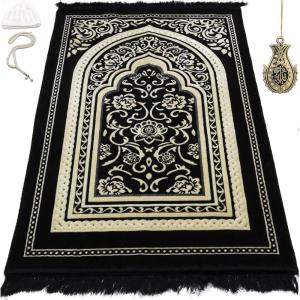 imageModefa Turkish Islamic Velvet Prayer Rug  Thick ampamp Wide Soft Praying Carpet for Men ampamp Women  Large Prayer Mat  Eid ampamp Ramadan Gift  with Kufi Cap Beads ampamp Car Hanger  Double Plush Floral RedFloral Arch  Black