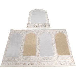 image:imageModefa Wide 4 Person Group Family Islamic Prayer Rug  Luxury Velvet Janamaz Sejadah  Serenity Garden BlueWhiteBeigeGrey  Imam Rug