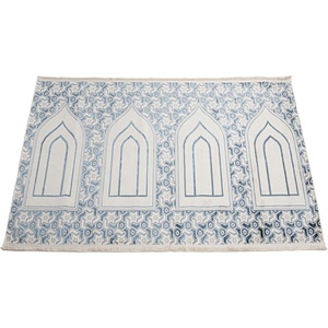 image:imageModefa Wide 4 Person Group Family Islamic Prayer Rug  Luxury Velvet Janamaz Sejadah  Serenity Garden BlueWhiteBlue White