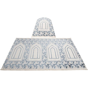 image:imageModefa Wide 4 Person Group Family Islamic Prayer Rug  Luxury Velvet Janamaz Sejadah  Serenity Garden BlueWhiteBlueWhite  Imam Rug